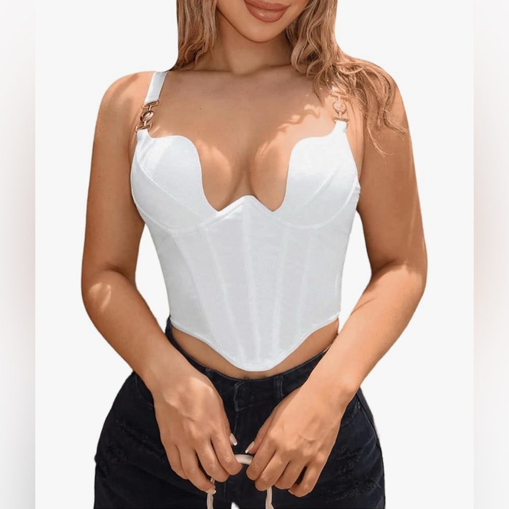 Elegant White Corset Top with Gold Accents, Adjustable straps
